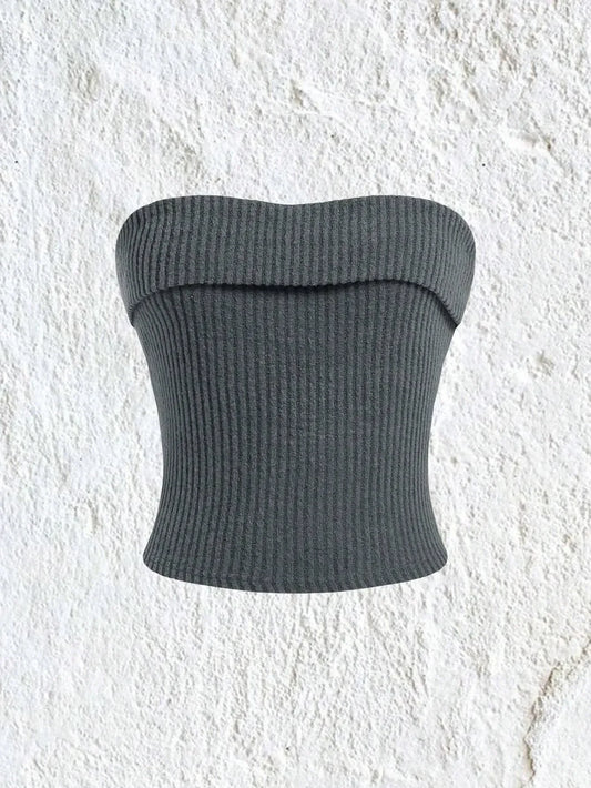 Crop Tops- Rib-knit Tube Top - Solid Strapless Sleeveless Slim Fit Crop- - IndioGear.com