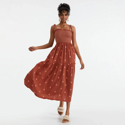 Vacation Dresses- Floral Embroidered Midi Dress for Summer Casual Evenings- - IndioGear.com