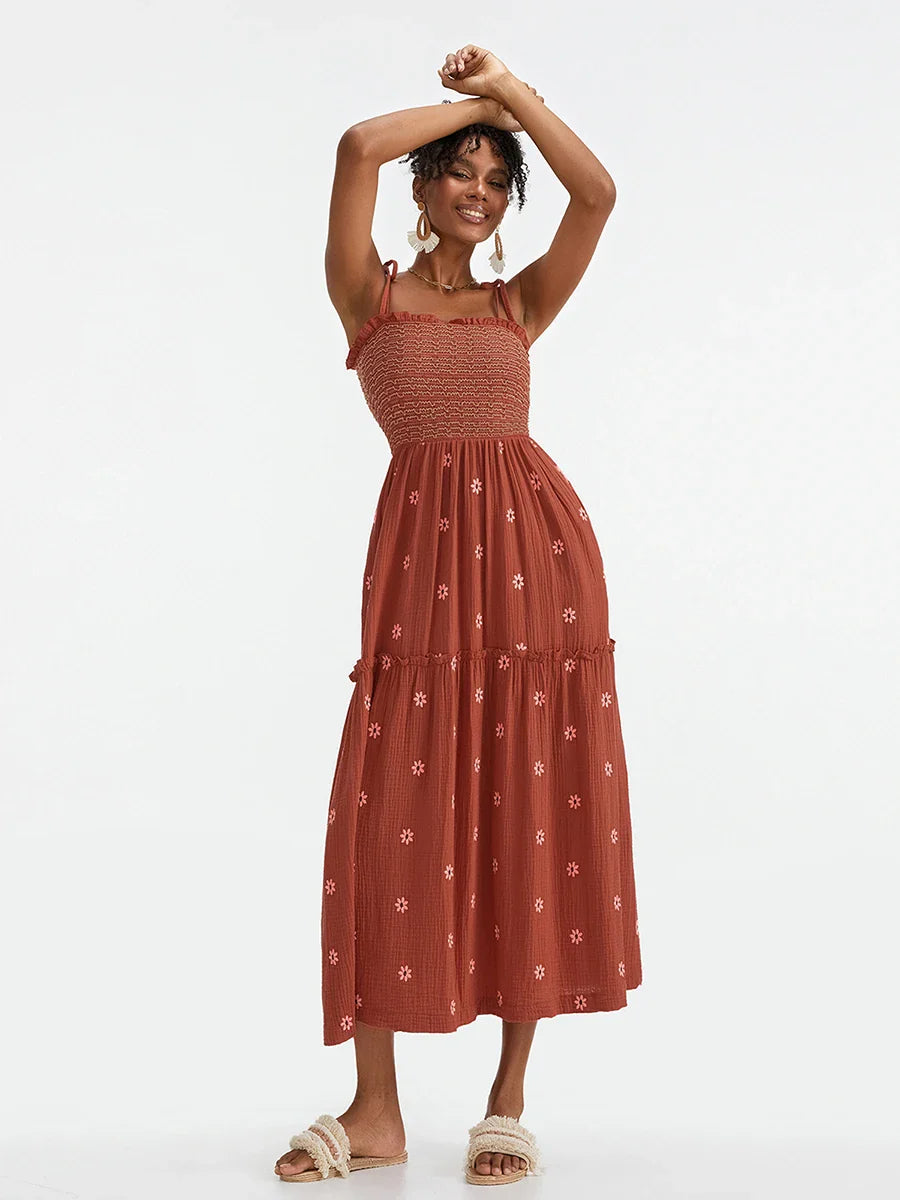 Vacation Dresses- Floral Embroidered Midi Dress for Summer Casual Evenings- Rust- IndioGear.com