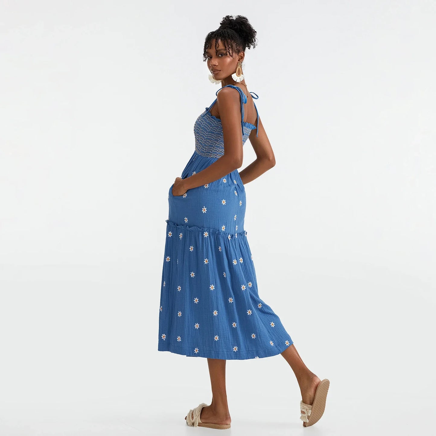 Vacation Dresses- Floral Embroidered Midi Dress for Summer Casual Evenings- - IndioGear.com