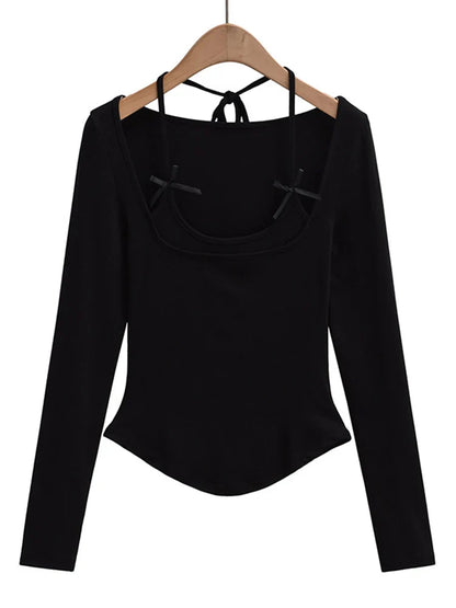 Halter Tops- Halter Crop Top Faux 2 Pieces Long Sleeve- Black- IndioGear.com