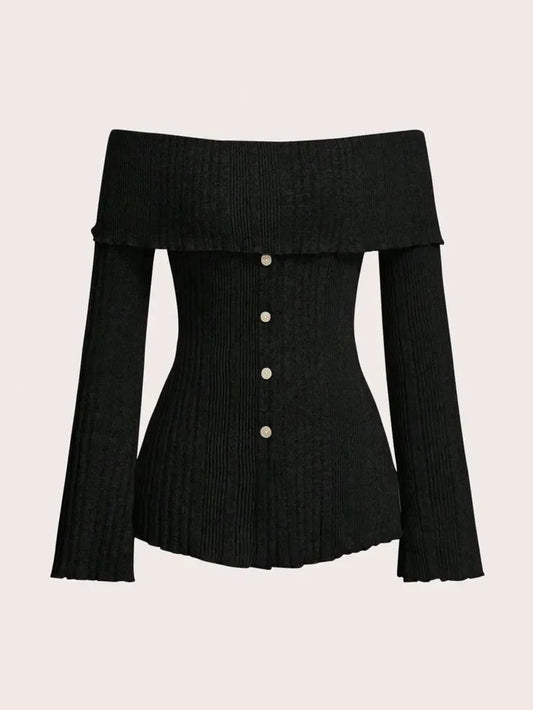 Casual Tops- Off Shoulder Rib Knit Long Sleeve Blouse Button Applique- Black- IndioGear.com