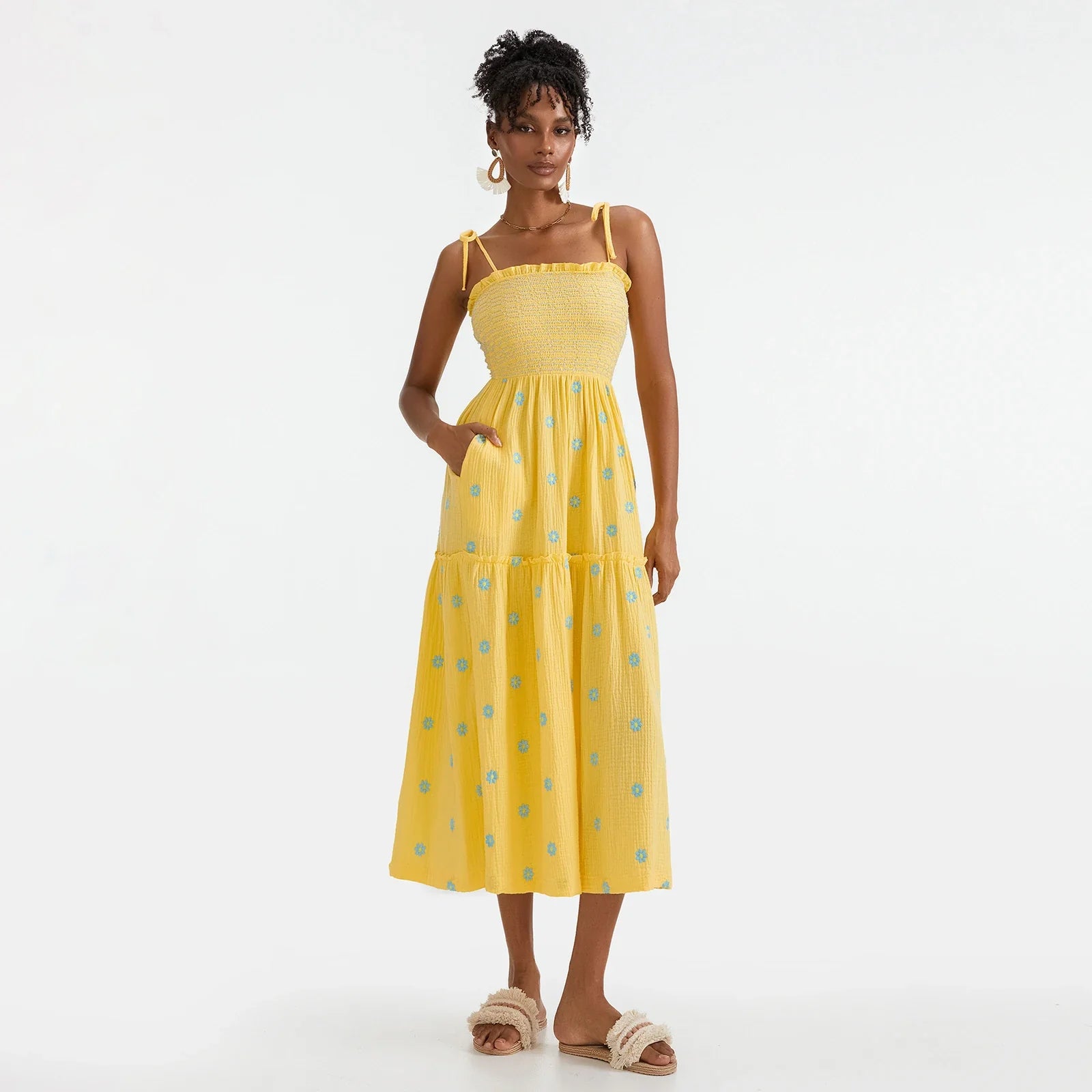 Vacation Dresses- Floral Embroidered Midi Dress for Summer Casual Evenings- - IndioGear.com