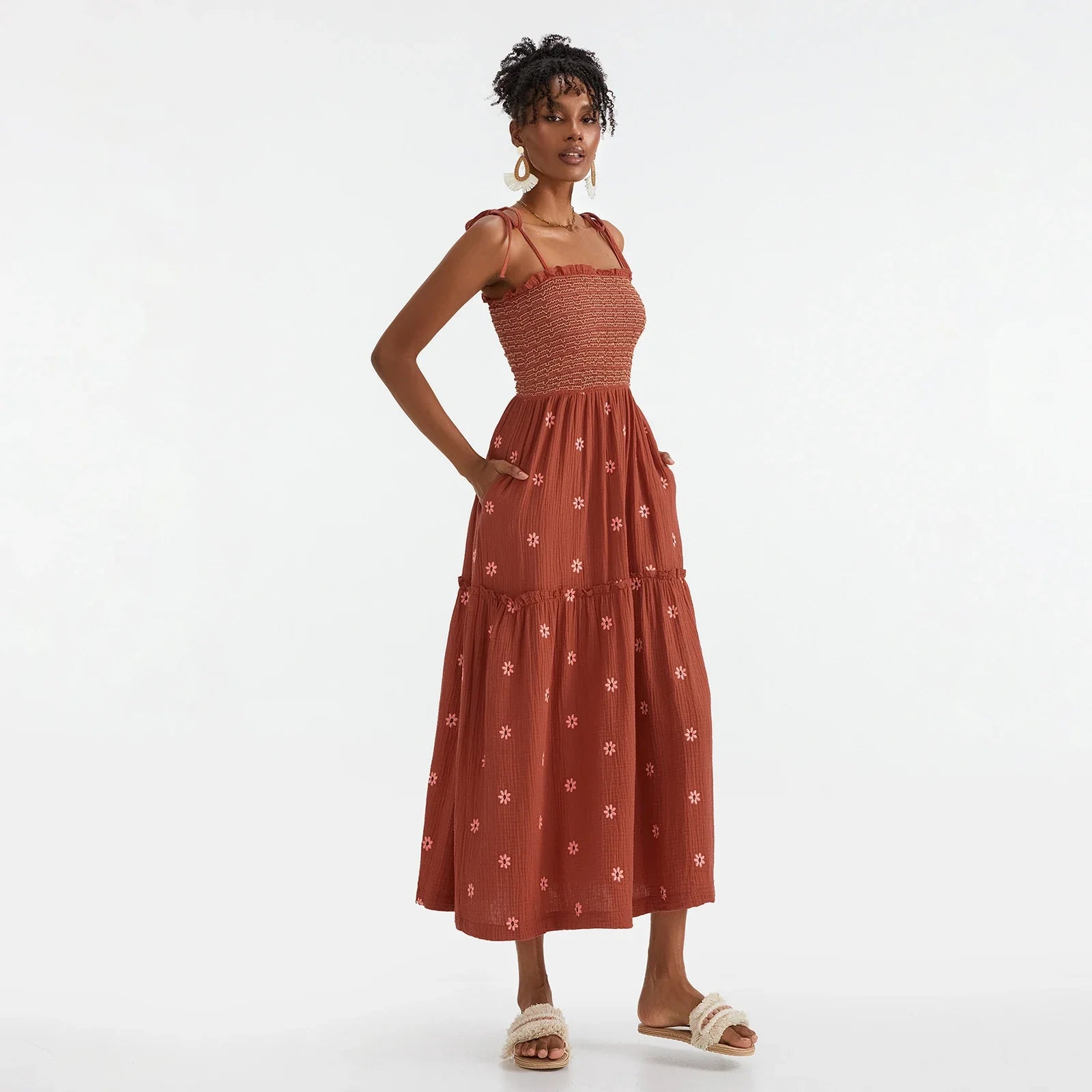 Vacation Dresses- Floral Embroidered Midi Dress for Summer Casual Evenings- - IndioGear.com