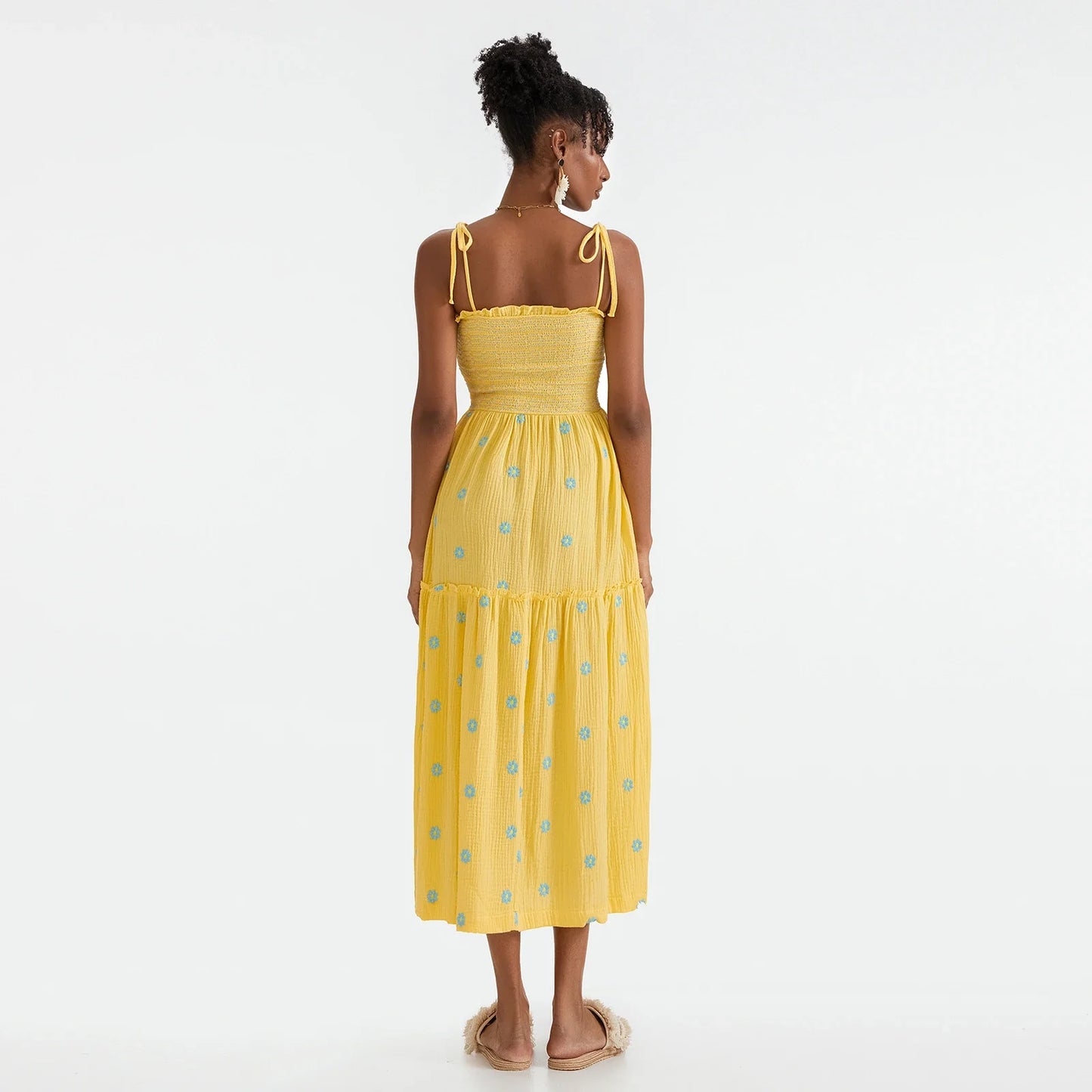 Vacation Dresses- Floral Embroidered Midi Dress for Summer Casual Evenings- - IndioGear.com