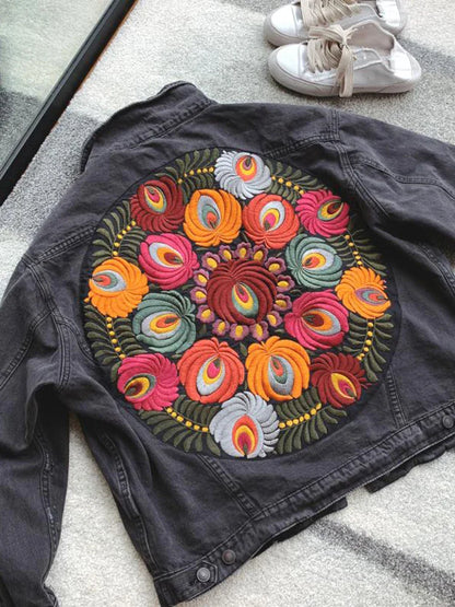 Denim Jackets- Floral Embroidered Patch on Back Denim Oversized Jacket- Black- IndioGear.com