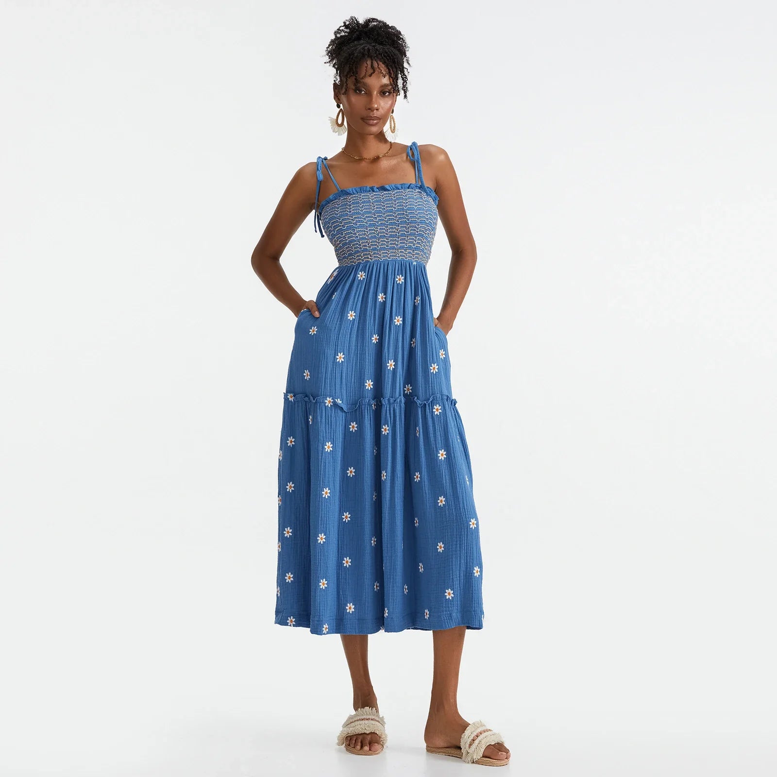 Vacation Dresses- Floral Embroidered Midi Dress for Summer Casual Evenings- - IndioGear.com