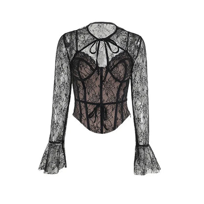 Sheer Tops- Sheer Lace Top with Flare Sleeves – Date Night Ready 💫- - IndioGear Women Clothing