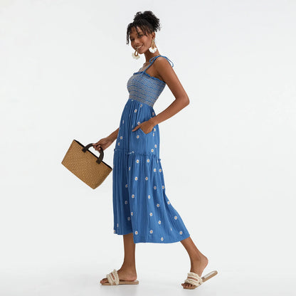 Vacation Dresses- Floral Embroidered Midi Dress for Summer Casual Evenings- - IndioGear.com