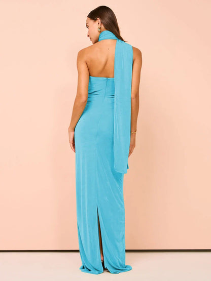 Evening Gown- Backless Halter Ruched Maxi Dress for Evening Parties- - IndioGear Women Clothing