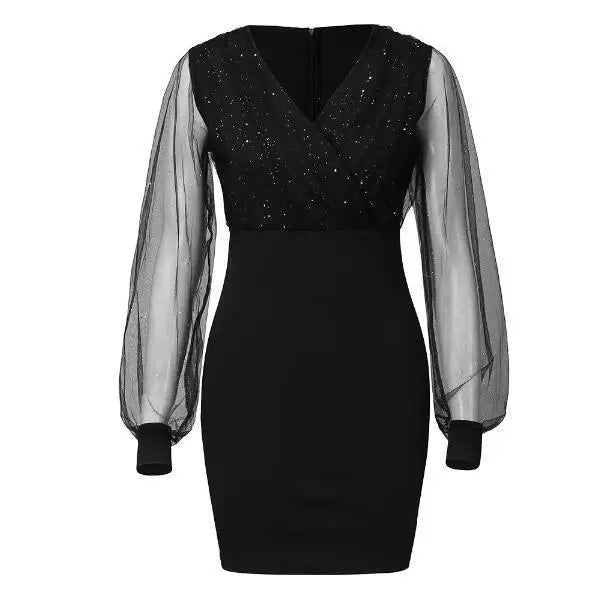 Sequin Mini Dress- Black Sequin Mini Dress with Sheer Mesh Sleeves- - IndioGear Women Clothing