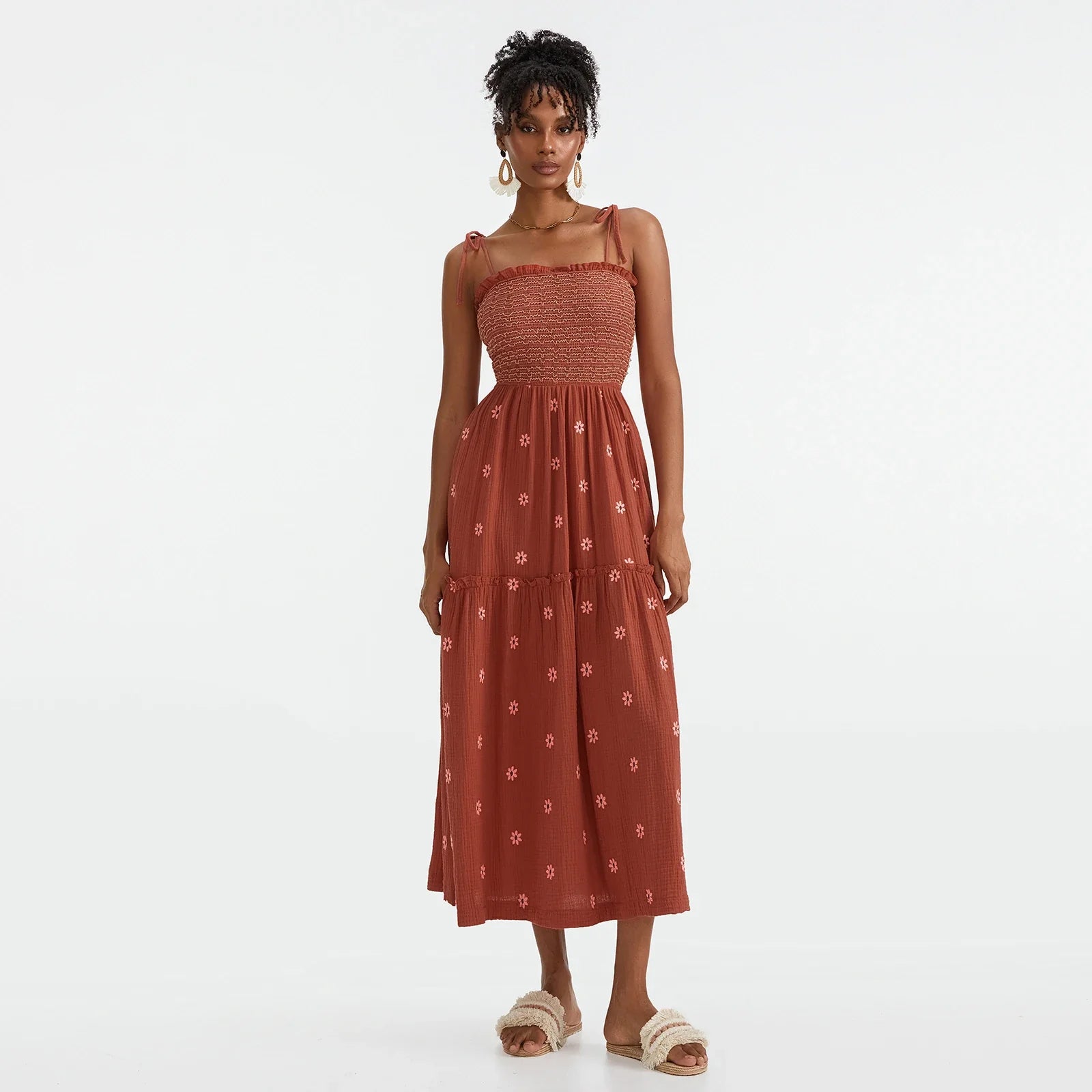 Vacation Dresses- Floral Embroidered Midi Dress for Summer Casual Evenings- - IndioGear.com