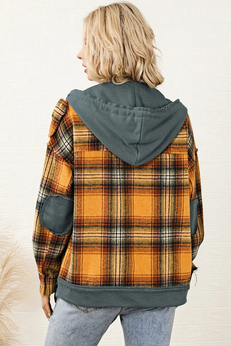 Plaid Jackets- Orange Plaid Hooded Jacket Snap Button Elbow Pads- - IndioGear.com