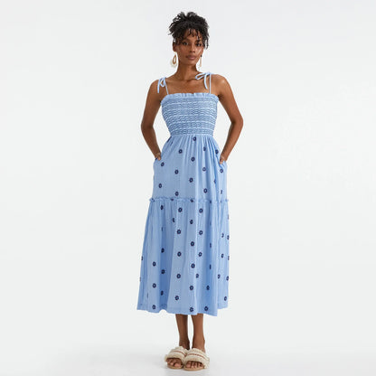 Vacation Dresses- Floral Embroidered Midi Dress for Summer Casual Evenings- - IndioGear.com