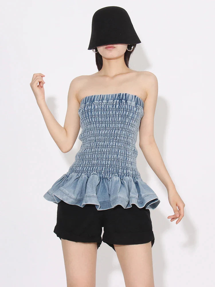 Tube Tops- Denim Tube Top with Ruffle Hem- - IndioGear.com