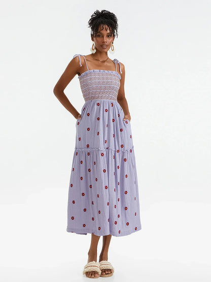 Vacation Dresses- Floral Embroidered Midi Dress for Summer Casual Evenings- Lilac- IndioGear.com