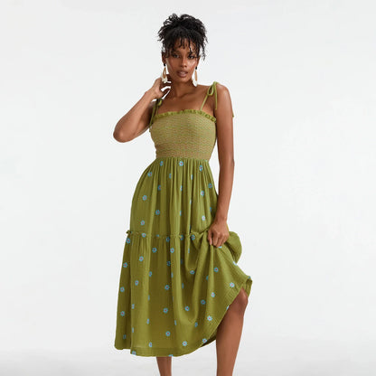 Vacation Dresses- Floral Embroidered Midi Dress for Summer Casual Evenings- - IndioGear.com