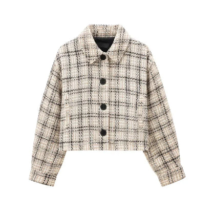 Boucle Jackets- Tweed Boucle Workwear Winter Plaid Cropped Jacket- Beige- IndioGear Women Clothing