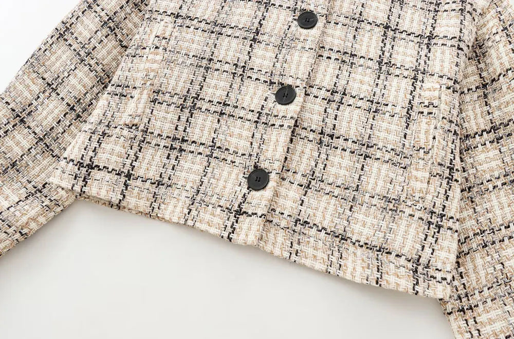 Boucle Jackets- Tweed Boucle Workwear Winter Plaid Cropped Jacket- - IndioGear Women Clothing