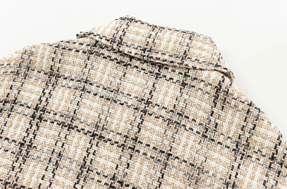 Boucle Jackets- Tweed Boucle Workwear Winter Plaid Cropped Jacket- - IndioGear Women Clothing