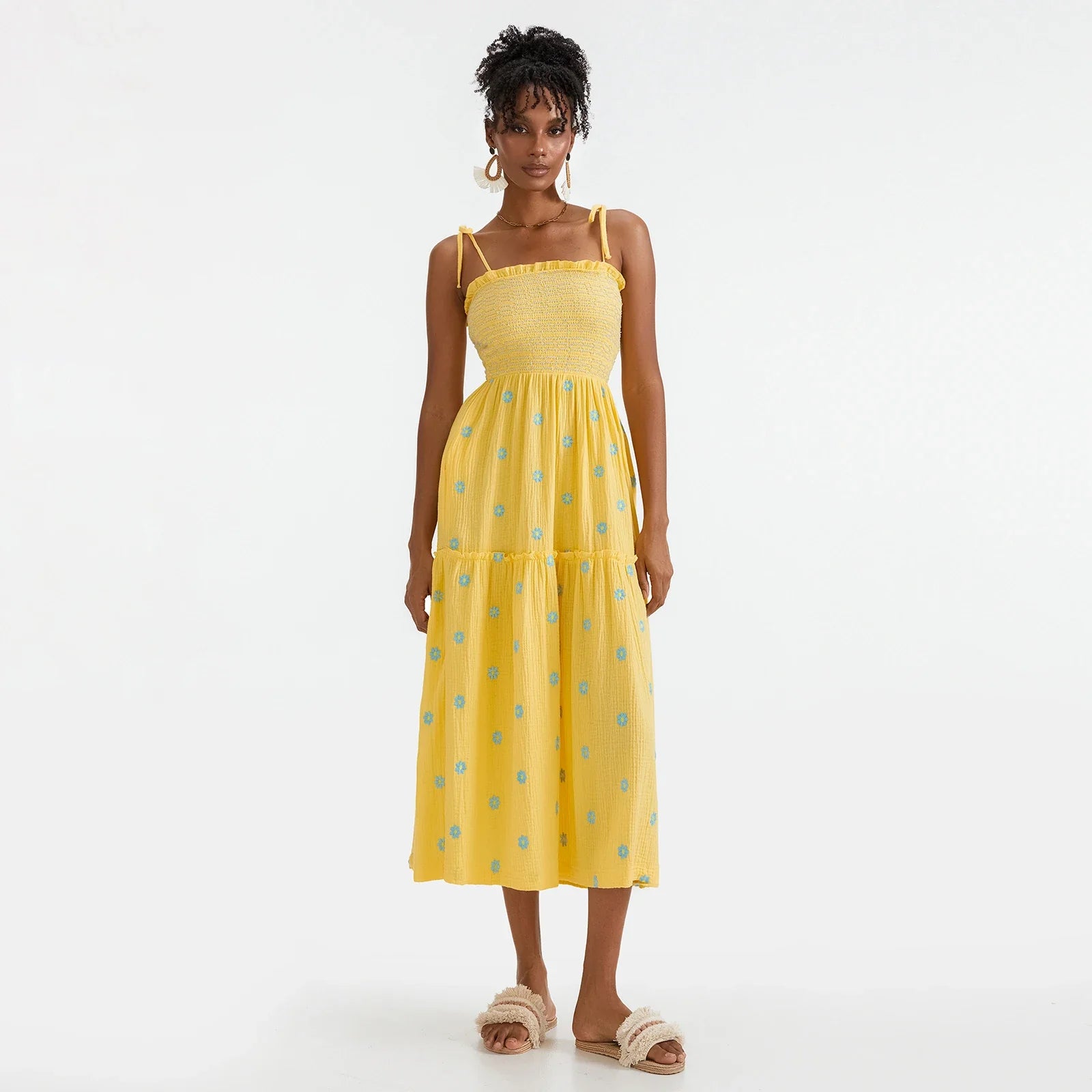 Vacation Dresses- Floral Embroidered Midi Dress for Summer Casual Evenings- - IndioGear.com