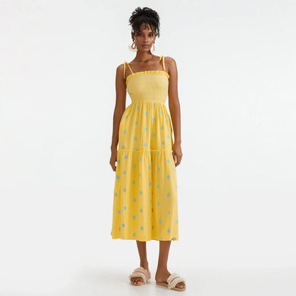 Vacation Dresses- Floral Embroidered Midi Dress for Summer Casual Evenings- - IndioGear.com