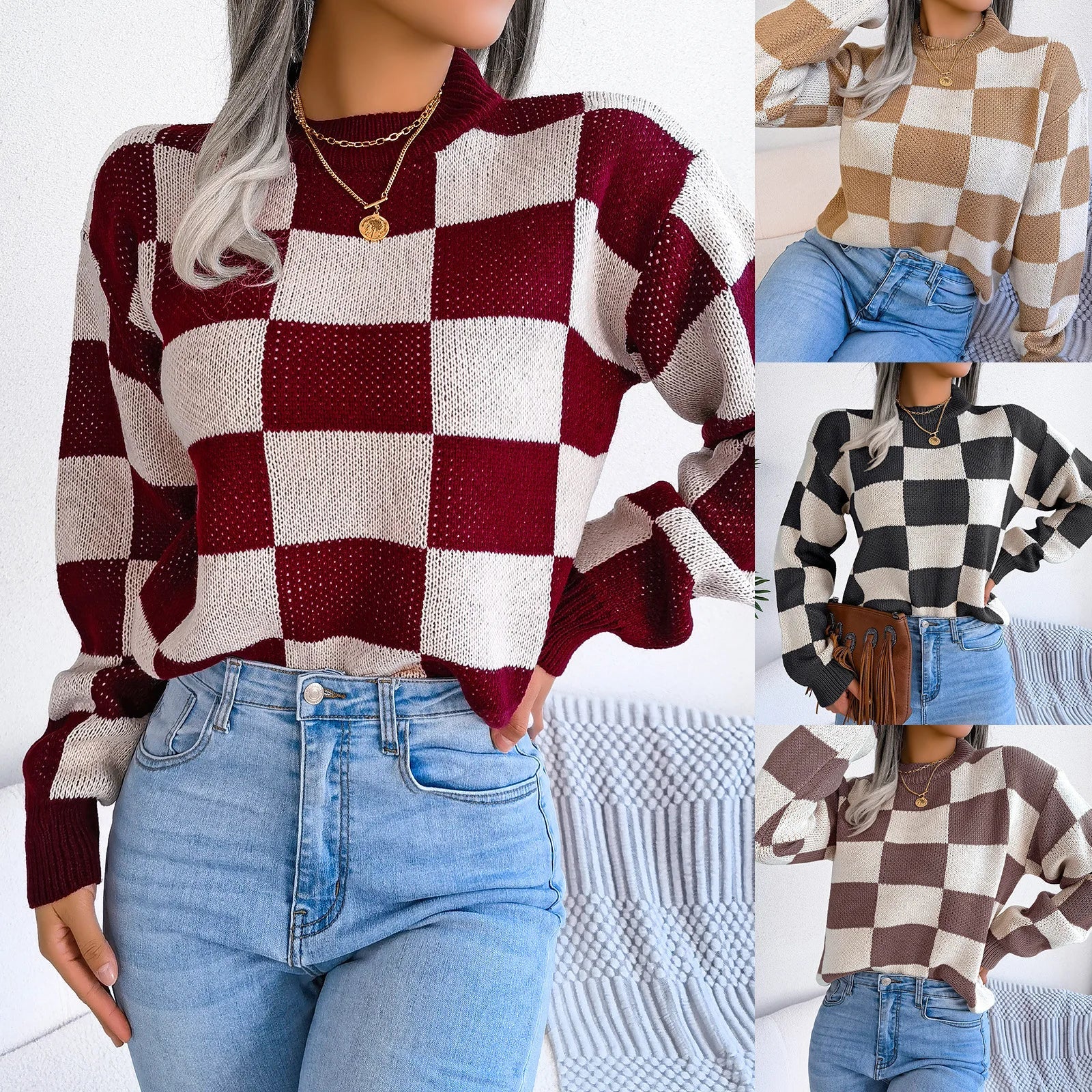 Women Sweaters- Cozy Checkerboard Lantern Sleeve Sweater 🧡- - IndioGear.com