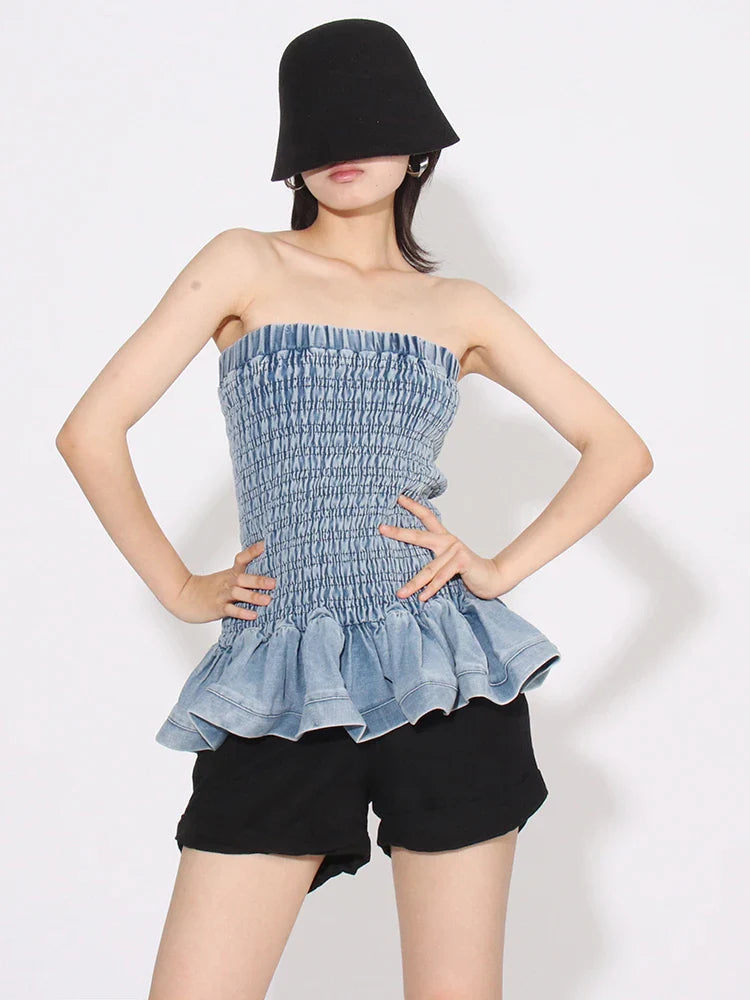 Tube Tops- Denim Tube Top with Ruffle Hem- - IndioGear.com