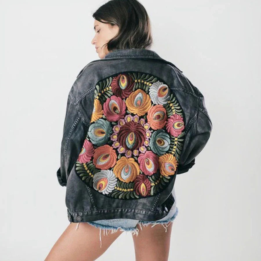 Denim Jackets- Floral Embroidered Patch on Back Denim Oversized Jacket- - IndioGear.com