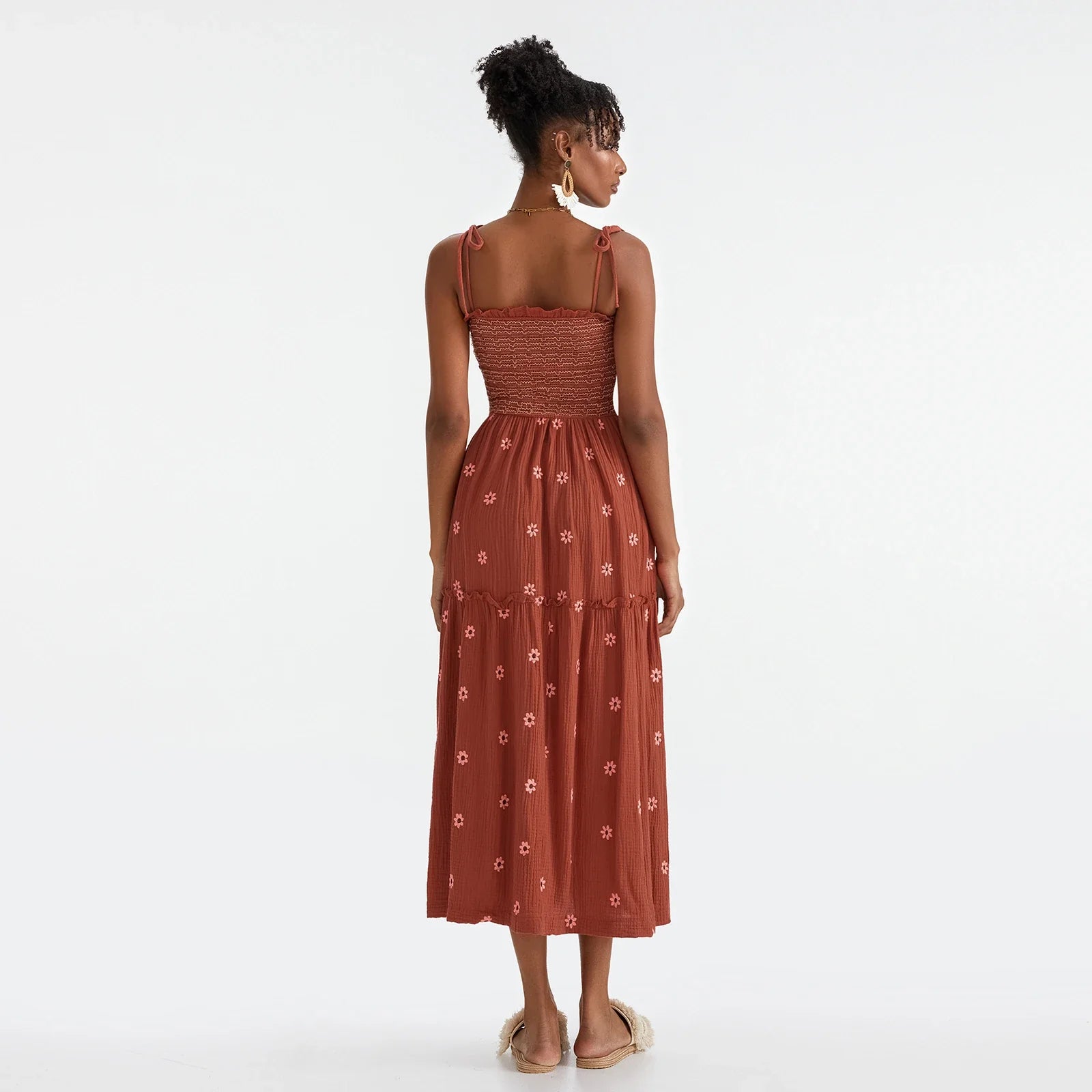 Vacation Dresses- Floral Embroidered Midi Dress for Summer Casual Evenings- - IndioGear.com