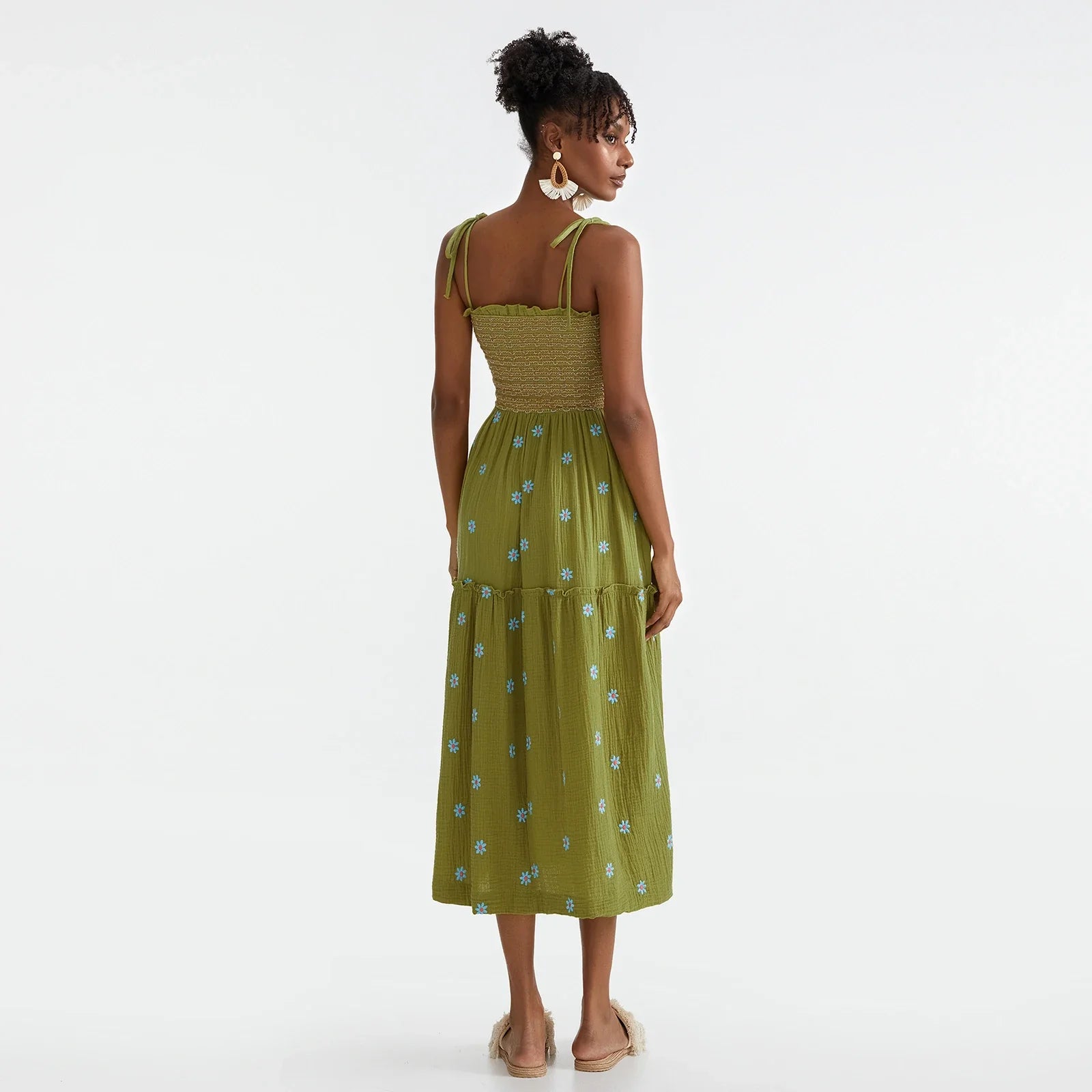 Vacation Dresses- Floral Embroidered Midi Dress for Summer Casual Evenings- - IndioGear.com