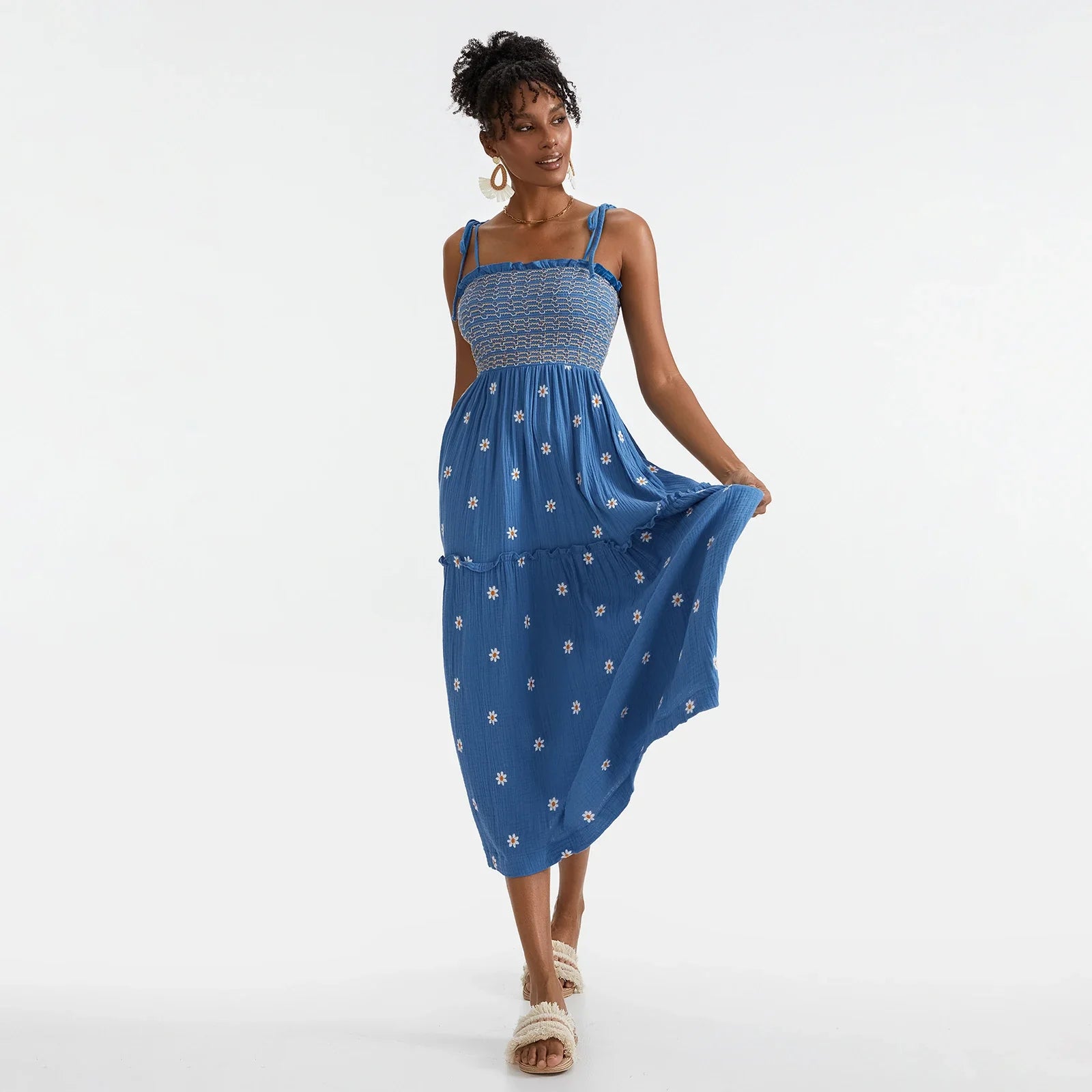 Vacation Dresses- Floral Embroidered Midi Dress for Summer Casual Evenings- - IndioGear.com