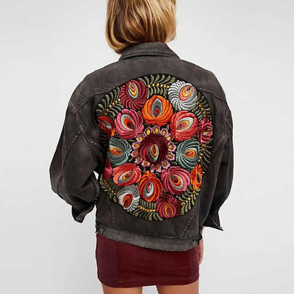 Denim Jackets- Floral Embroidered Patch on Back Denim Oversized Jacket- - IndioGear.com