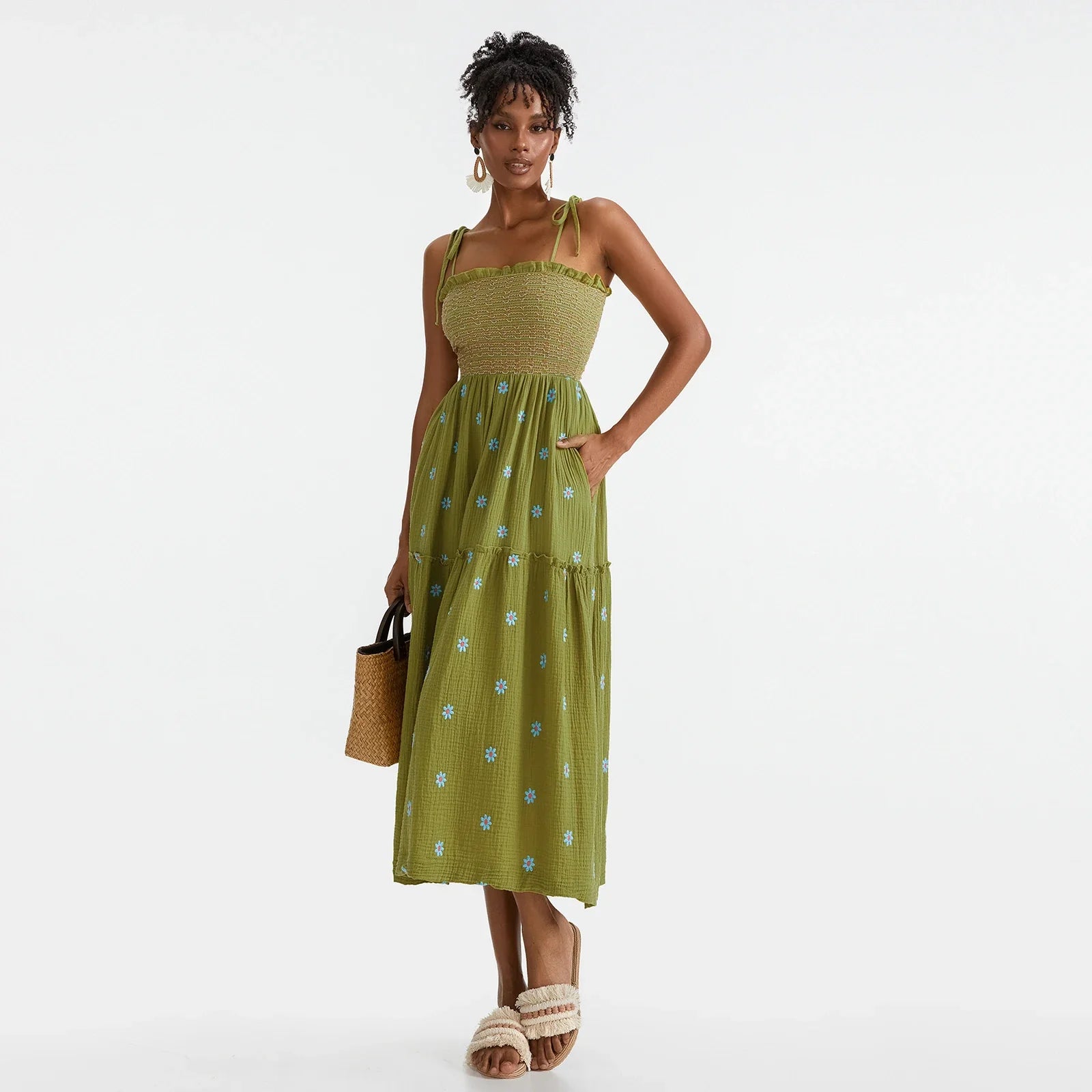 Vacation Dresses- Floral Embroidered Midi Dress for Summer Casual Evenings- - IndioGear.com