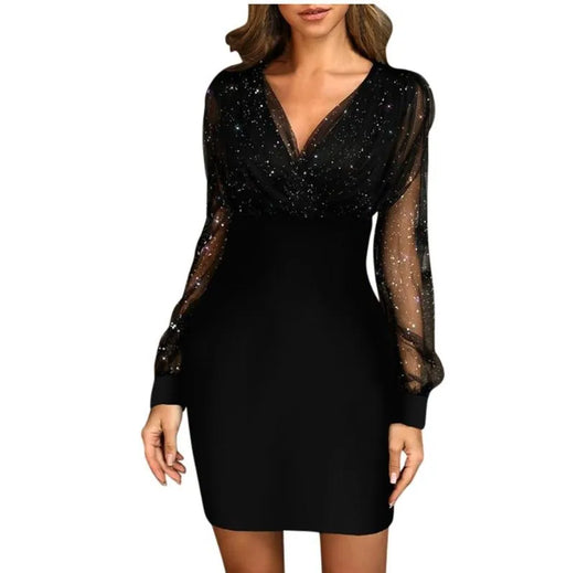 Sequin Mini Dress- Black Sequin Mini Dress with Sheer Mesh Sleeves- - IndioGear Women Clothing