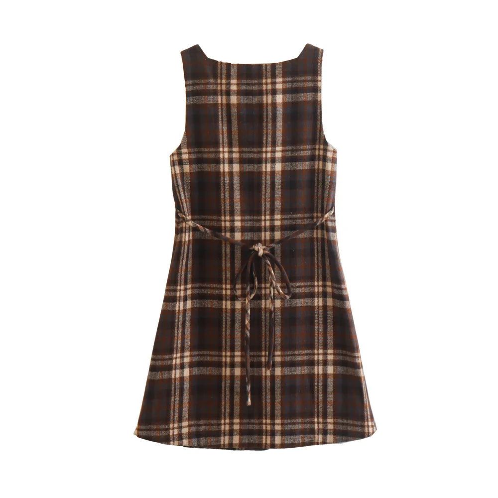 Mini Dresses- Tan Plaid Button-Up Mini Dress with Adjustable Tie-Waist- - IndioGear Women Clothing