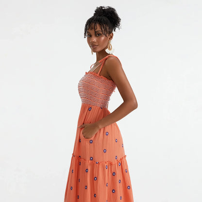 Vacation Dresses- Floral Embroidered Midi Dress for Summer Casual Evenings- - IndioGear.com