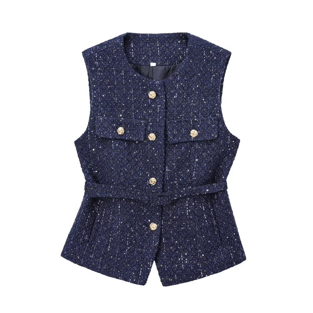 Vests- Metallic Flecked Tweed Cinched Vest for Professional Events- Blue- IndioGear Women Clothing