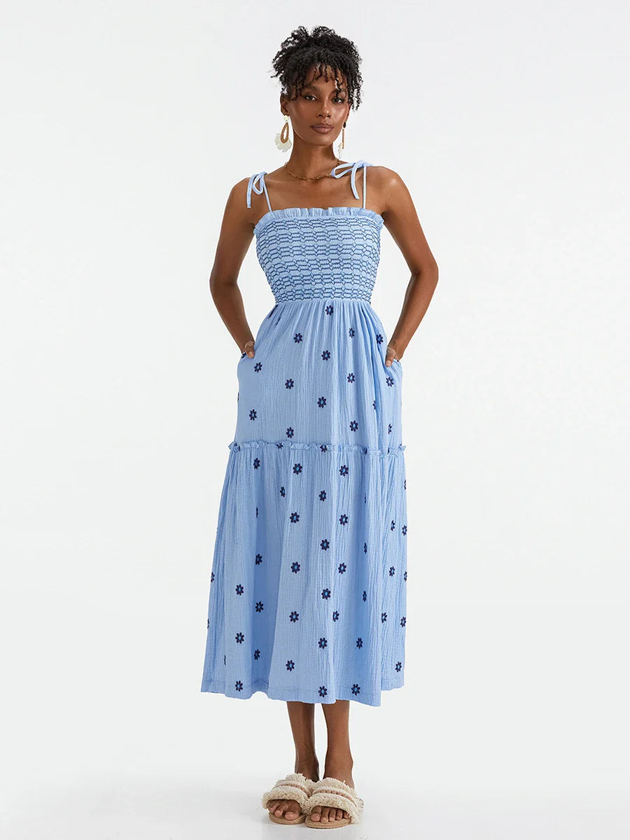 Vacation Dresses- Floral Embroidered Midi Dress for Summer Casual Evenings- Sky Blue- IndioGear.com