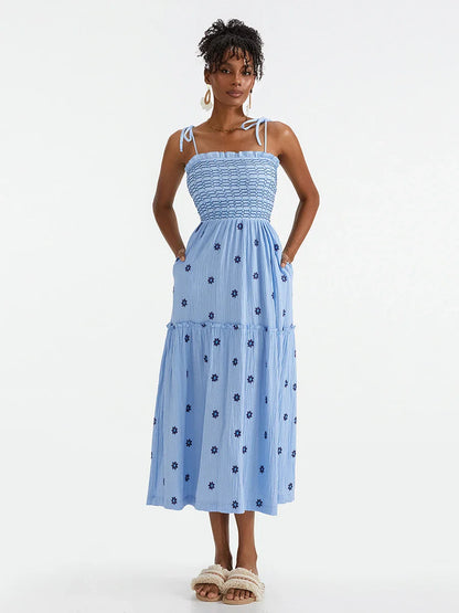 Vacation Dresses- Floral Embroidered Midi Dress for Summer Casual Evenings- Sky Blue- IndioGear.com