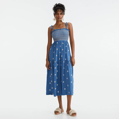 Vacation Dresses- Floral Embroidered Midi Dress for Summer Casual Evenings- - IndioGear.com