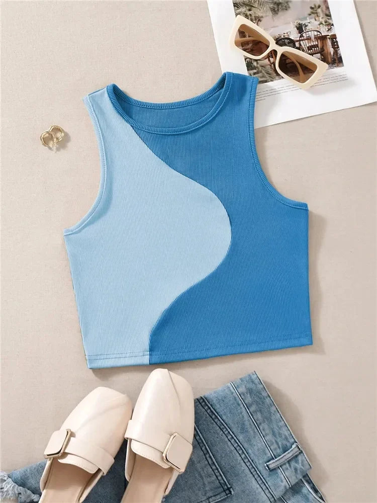 Crop Tops- Patchwork Rib Knit Sleeveless Crop Top - Tank Top Tee- Royal Blue- IndioGear.com