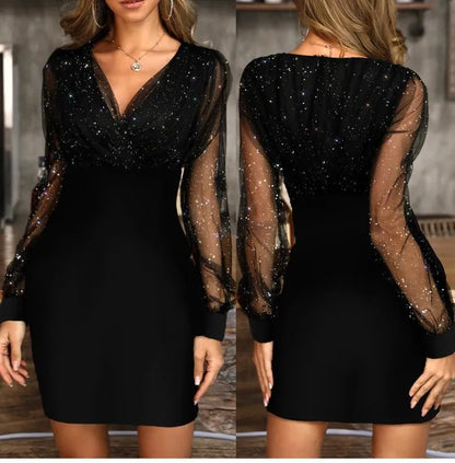 Sequin Mini Dress- Black Sequin Mini Dress with Sheer Mesh Sleeves- - IndioGear Women Clothing