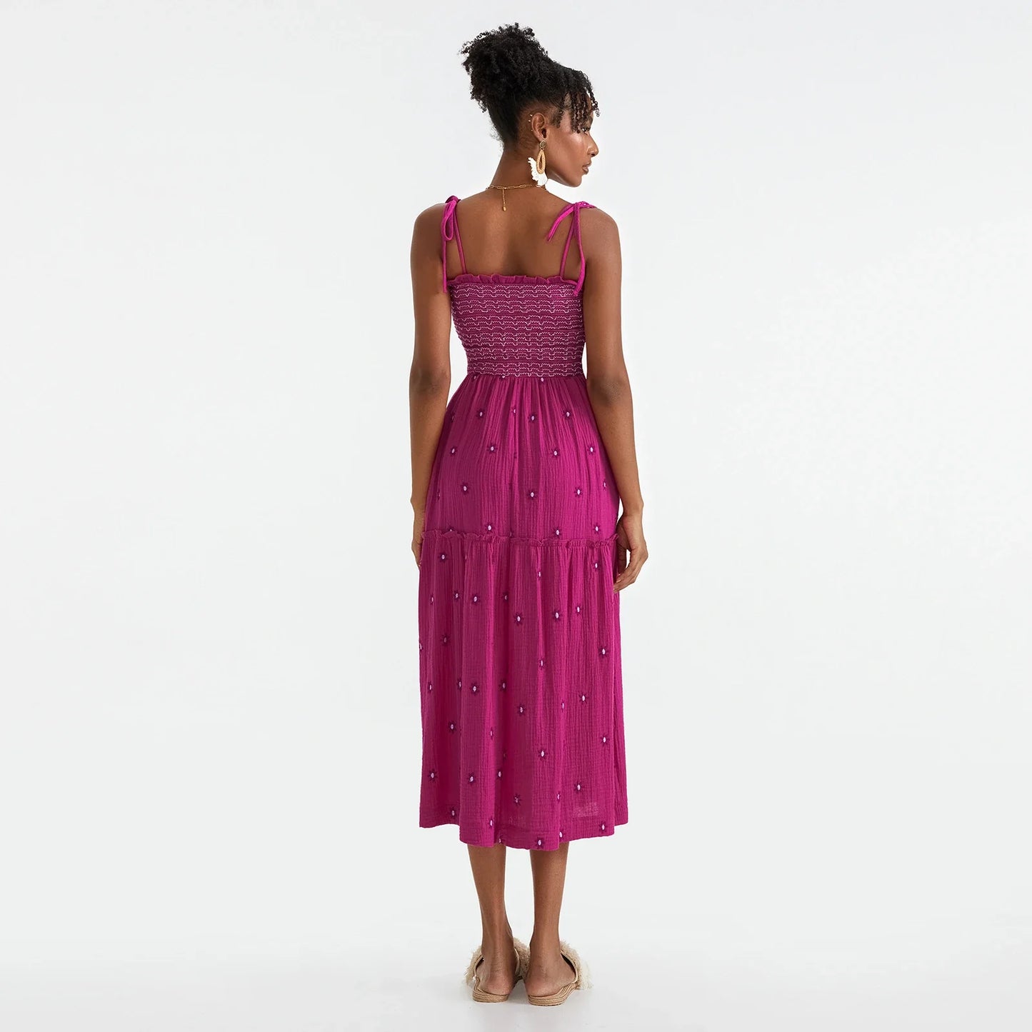 Vacation Dresses- Floral Embroidered Midi Dress for Summer Casual Evenings- - IndioGear.com