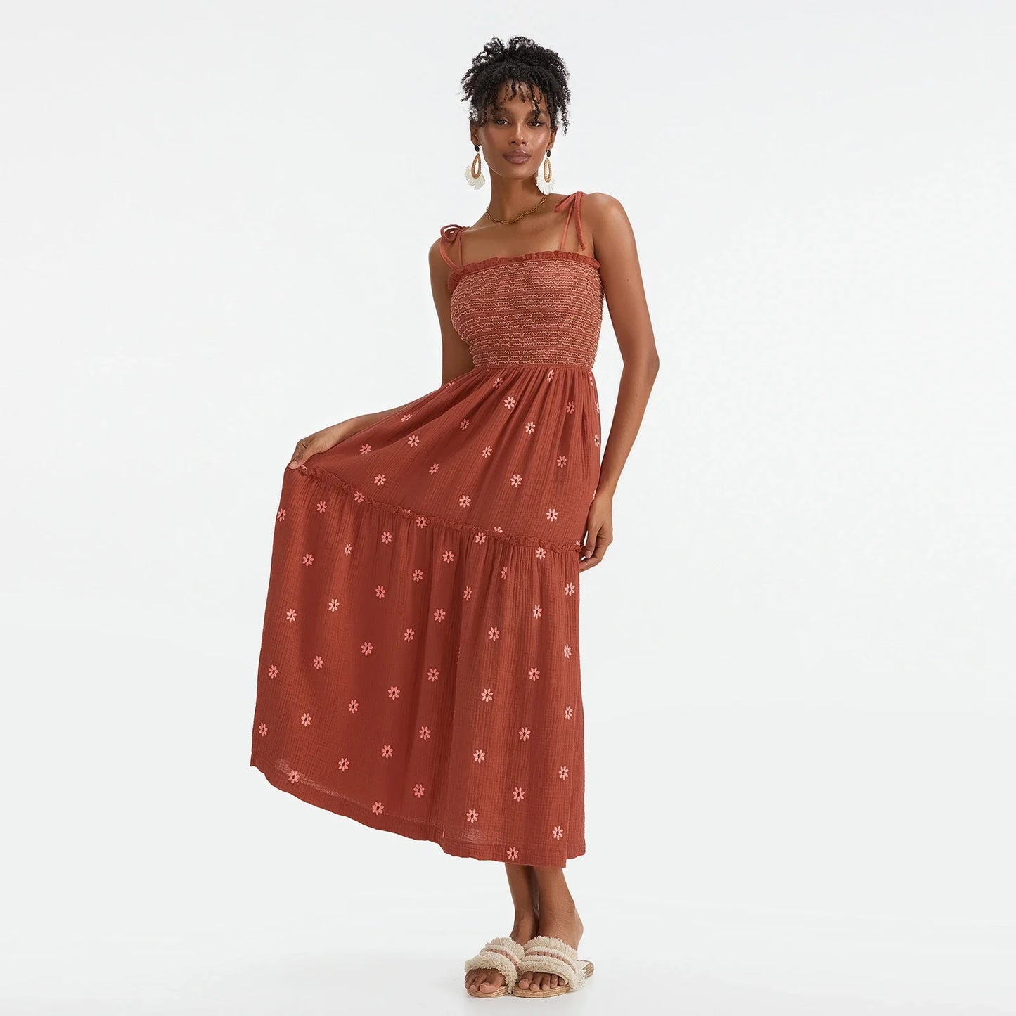 Vacation Dresses- Floral Embroidered Midi Dress for Summer Casual Evenings- - IndioGear.com