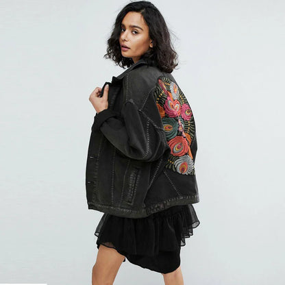 Denim Jackets- Floral Embroidered Patch on Back Denim Oversized Jacket- - IndioGear.com