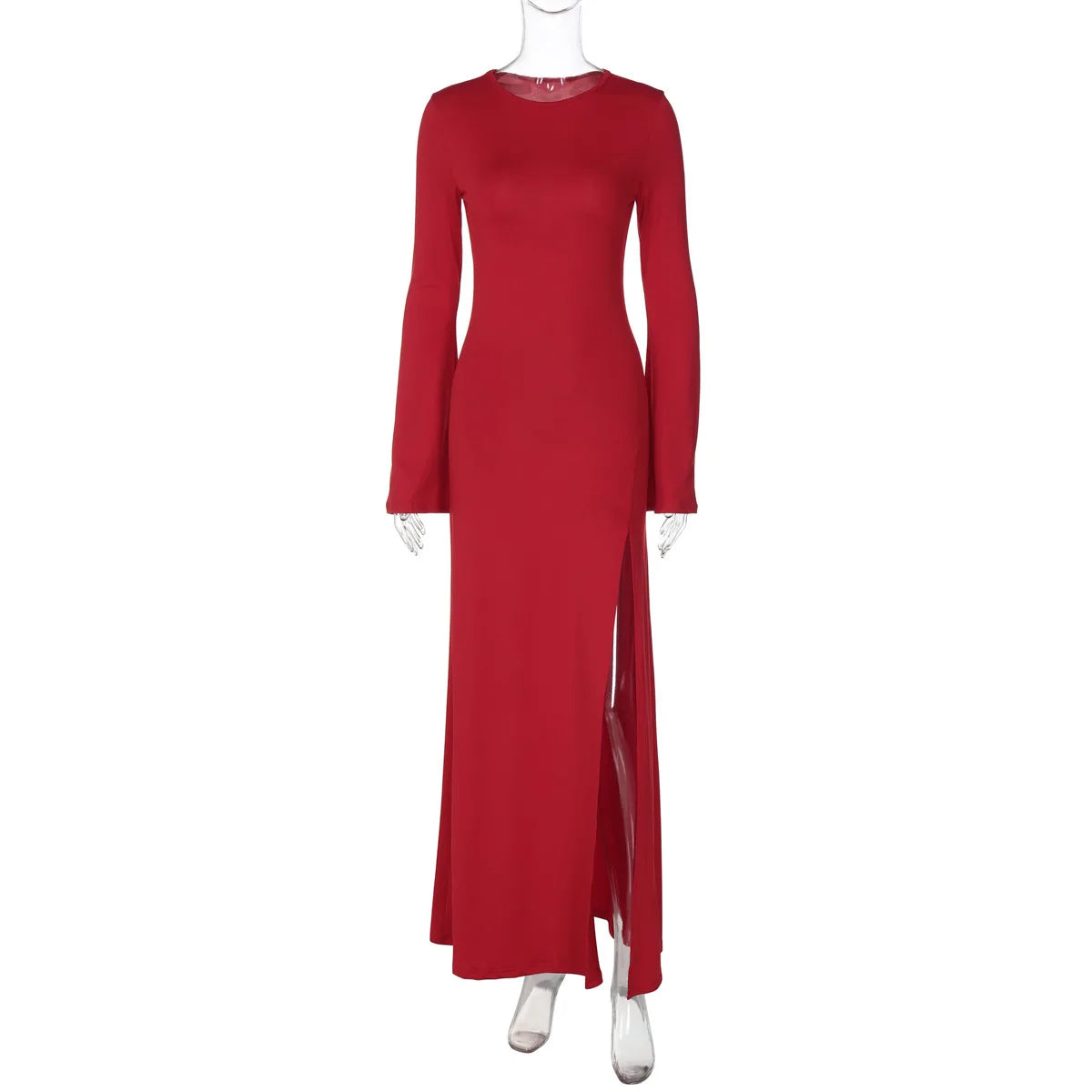 Evening Gown- Glamorous High Slit Maxi Dress with Flare Sleeves – Perfect for Parties 🎉✨- Red- IndioGear Women Clothing