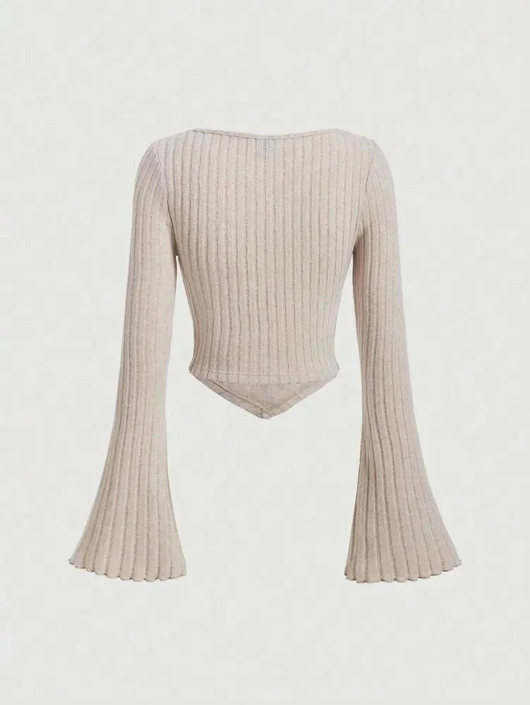 Crop Tops- Sweetheart Neck Rib-Knit Flare Sleeve Crop Top- - IndioGear.com