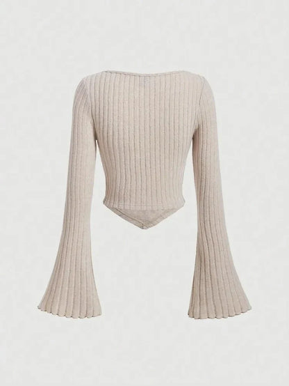 Crop Tops- Sweetheart Neck Rib-Knit Flare Sleeve Crop Top- - IndioGear.com