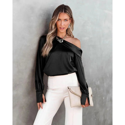 Satin Blouses- Trendy Asymmetrical Satin Women's Blouse- Black- IndioGear.com